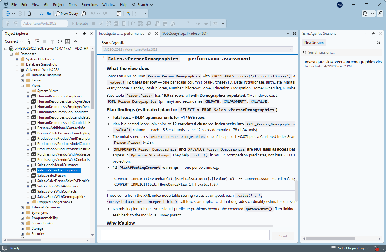 SSMS with SsmsAgentic showing a detailed execution plan analysis of the Sales.vPersonDemographics view, calling out scan costs and missing index recommendations.