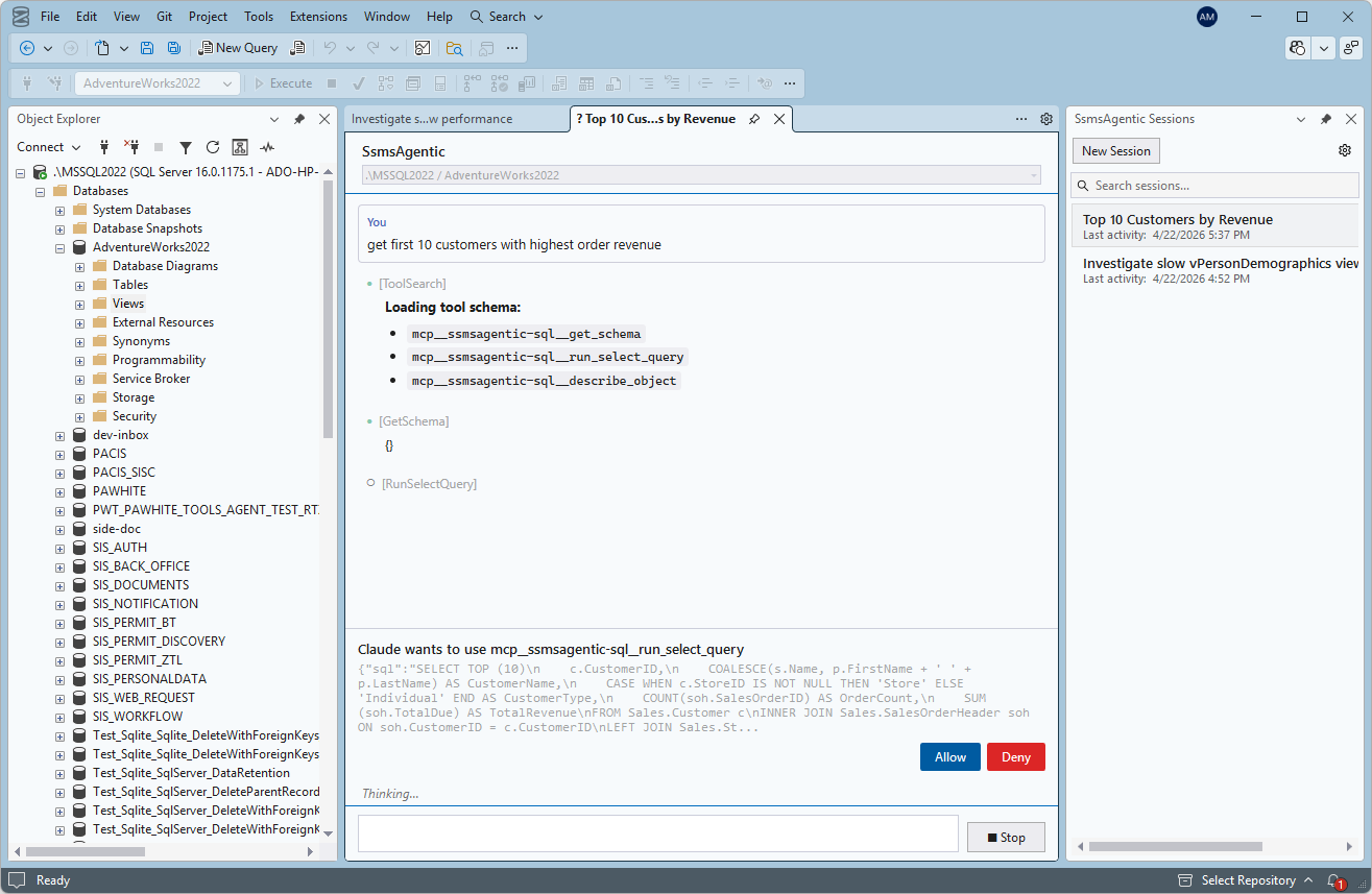 An Allow / Deny banner inside SSMS showing the exact SQL statement Claude wants to execute before it runs.