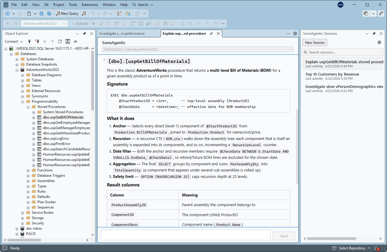 SsmsAgentic explaining the dbo.uspGetBillOfMaterials stored procedure in plain English, with a breakdown of parameters, logic, and result columns.